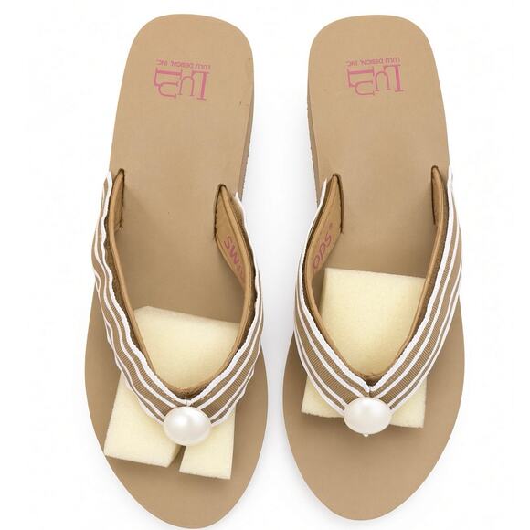 Switchflops Shoes - • Y2K Switchflops Tan Striped Pearl Wedges Sz 9